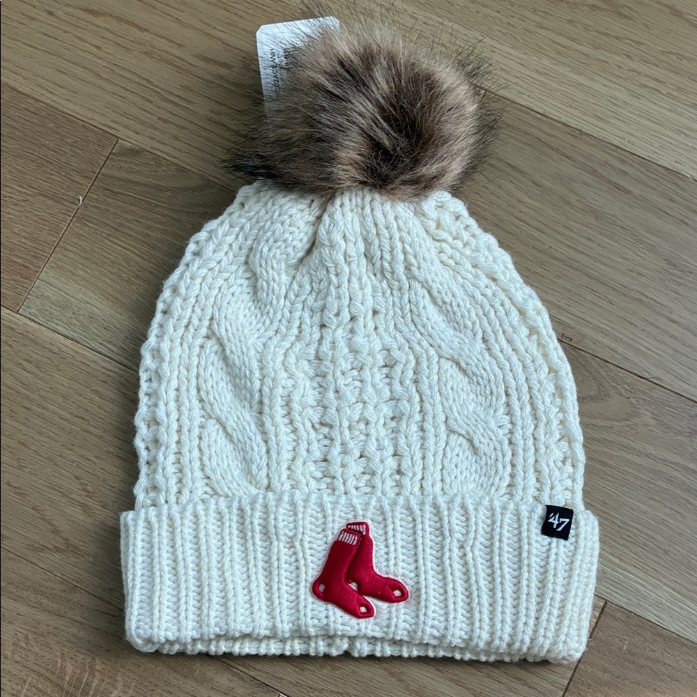 47 Cream Cable Knit Beanie with Red Sox Patch and Faux Fur Pom - Womens